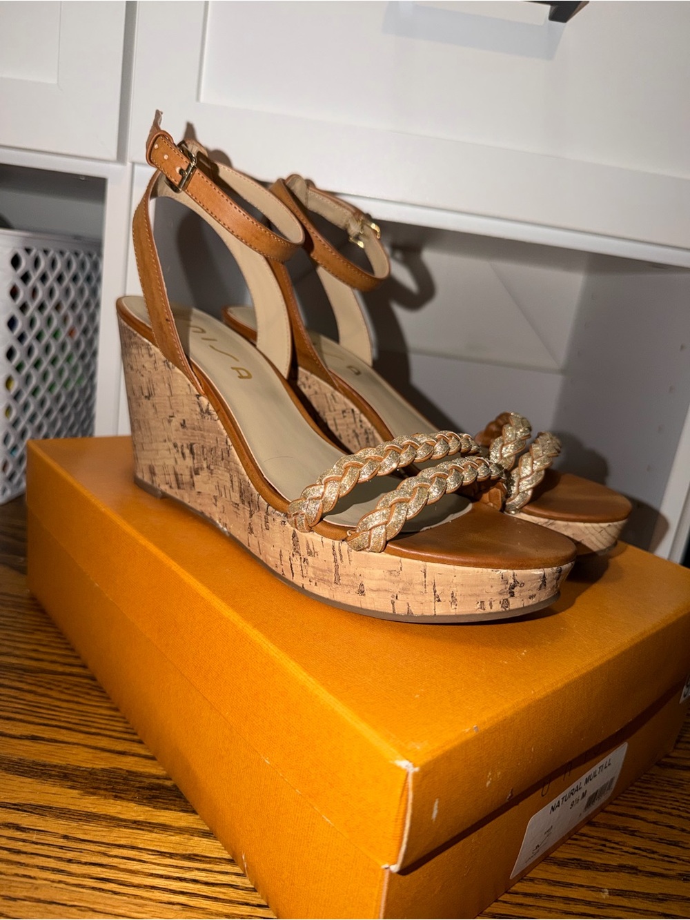 Unisa Tan Wedge Sandals with Braided Gold Straps